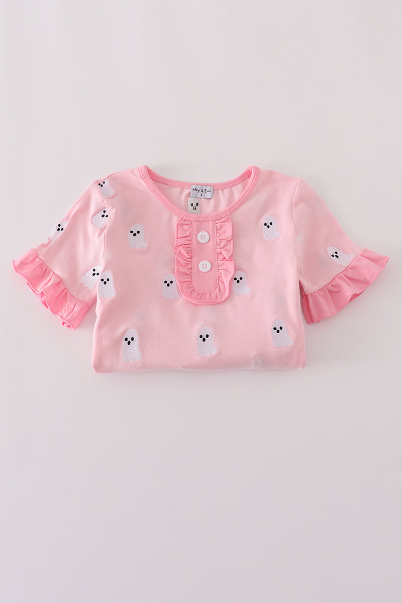 Pink ghost embroidery ruffle pajamas set