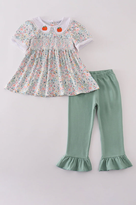 Green floral pumpkin embroidery smocked ruffle pants set