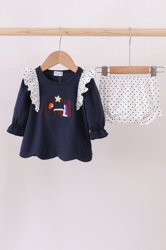 Navy nativity embroidery ruffle bloomer set