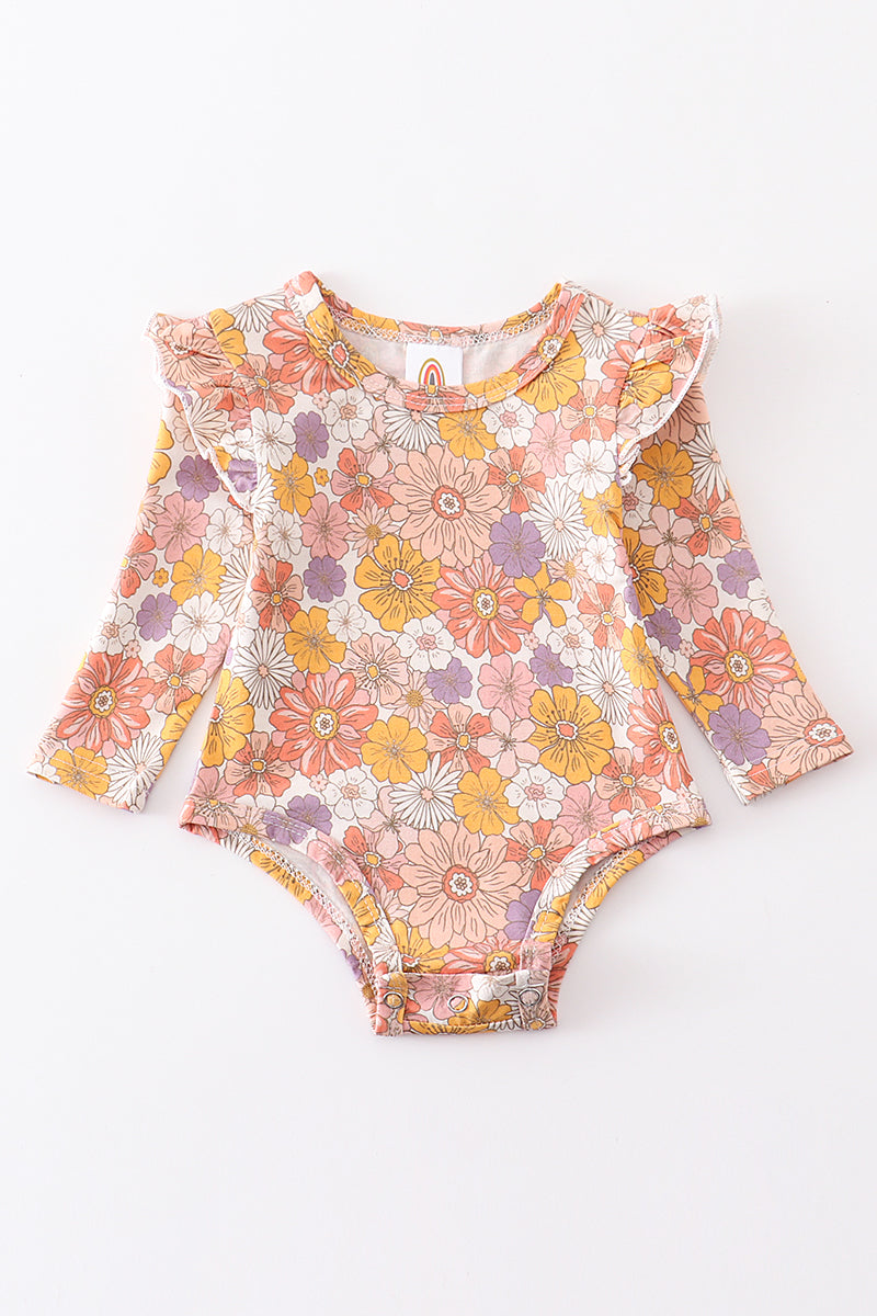 Mustard floral ruffle baby onesie