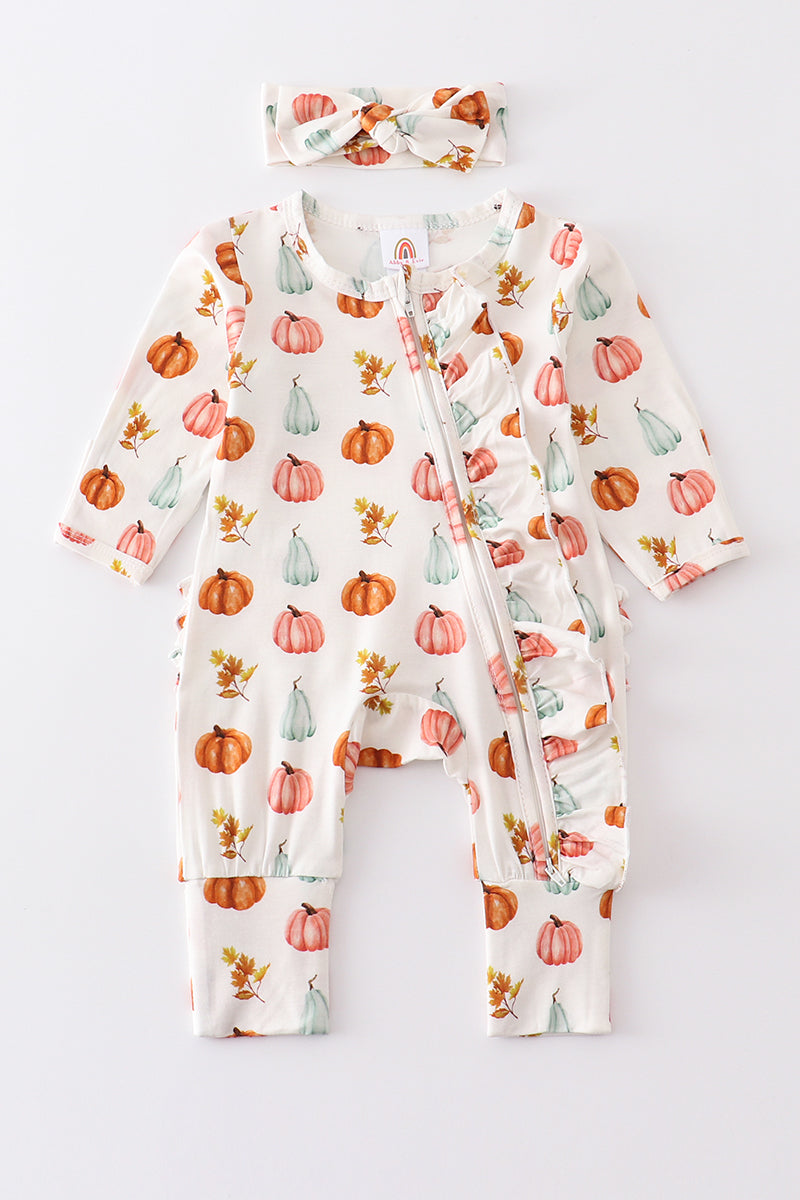 White pumpkin print ruffle romper