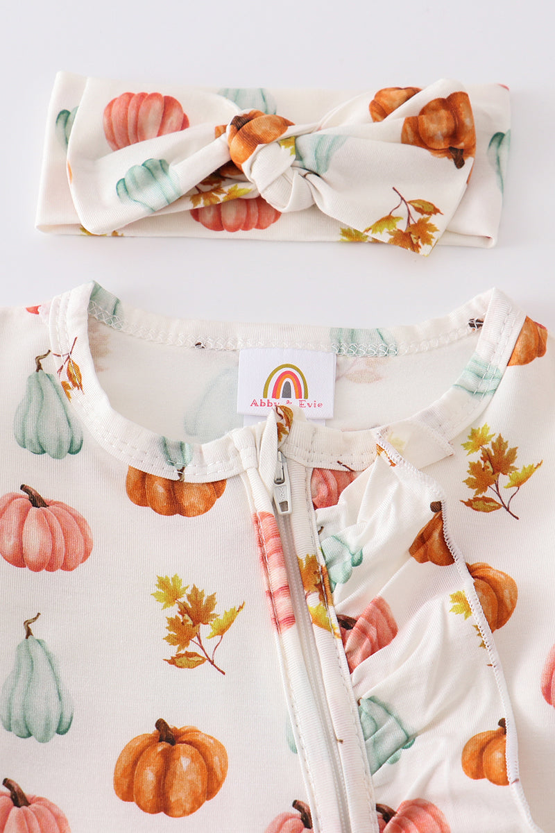 White pumpkin print ruffle romper