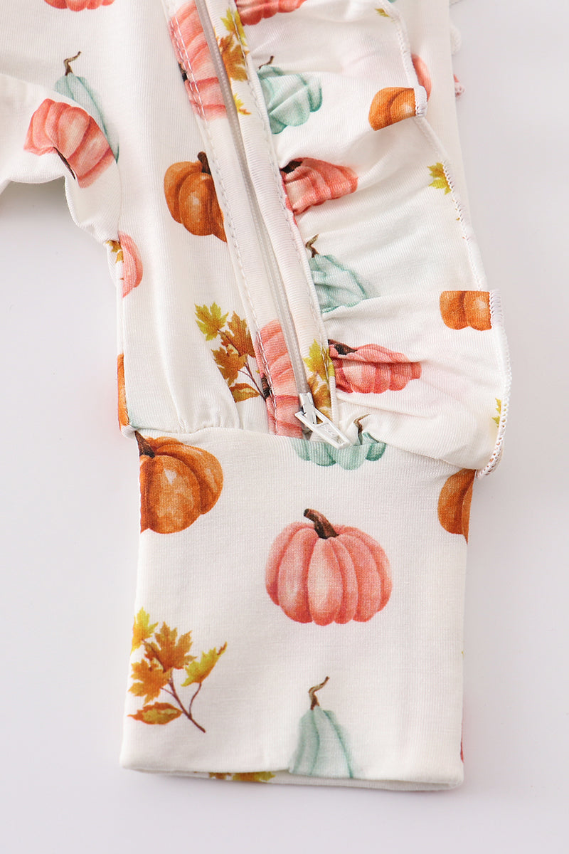 White pumpkin print ruffle romper