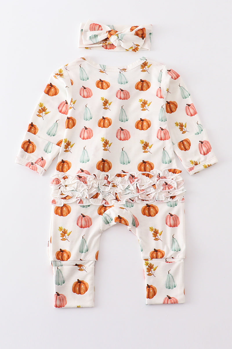 White pumpkin print ruffle romper