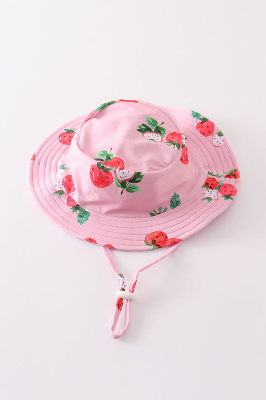 White & pink stripe strawberry print sun hat