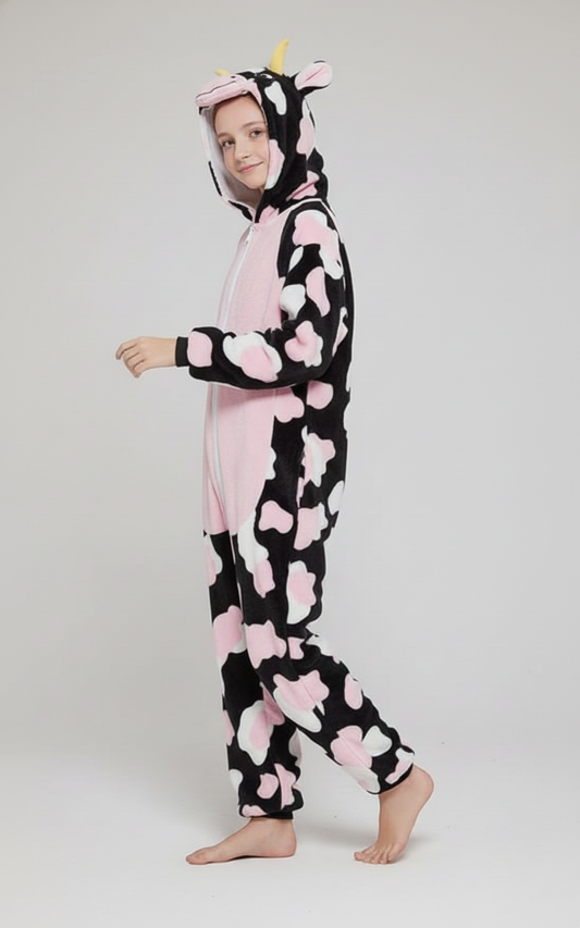 Person wearing a cow-themed onesie with pink hearts on a white background