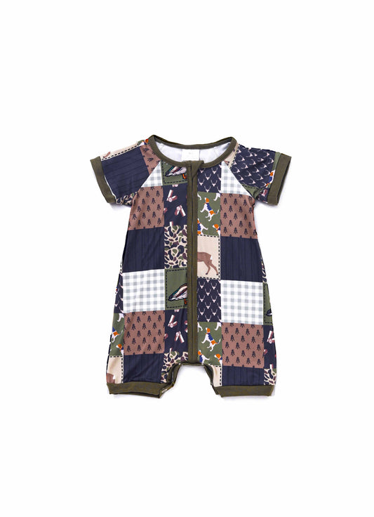 Camouflage plaid  reindeer print zipper romper