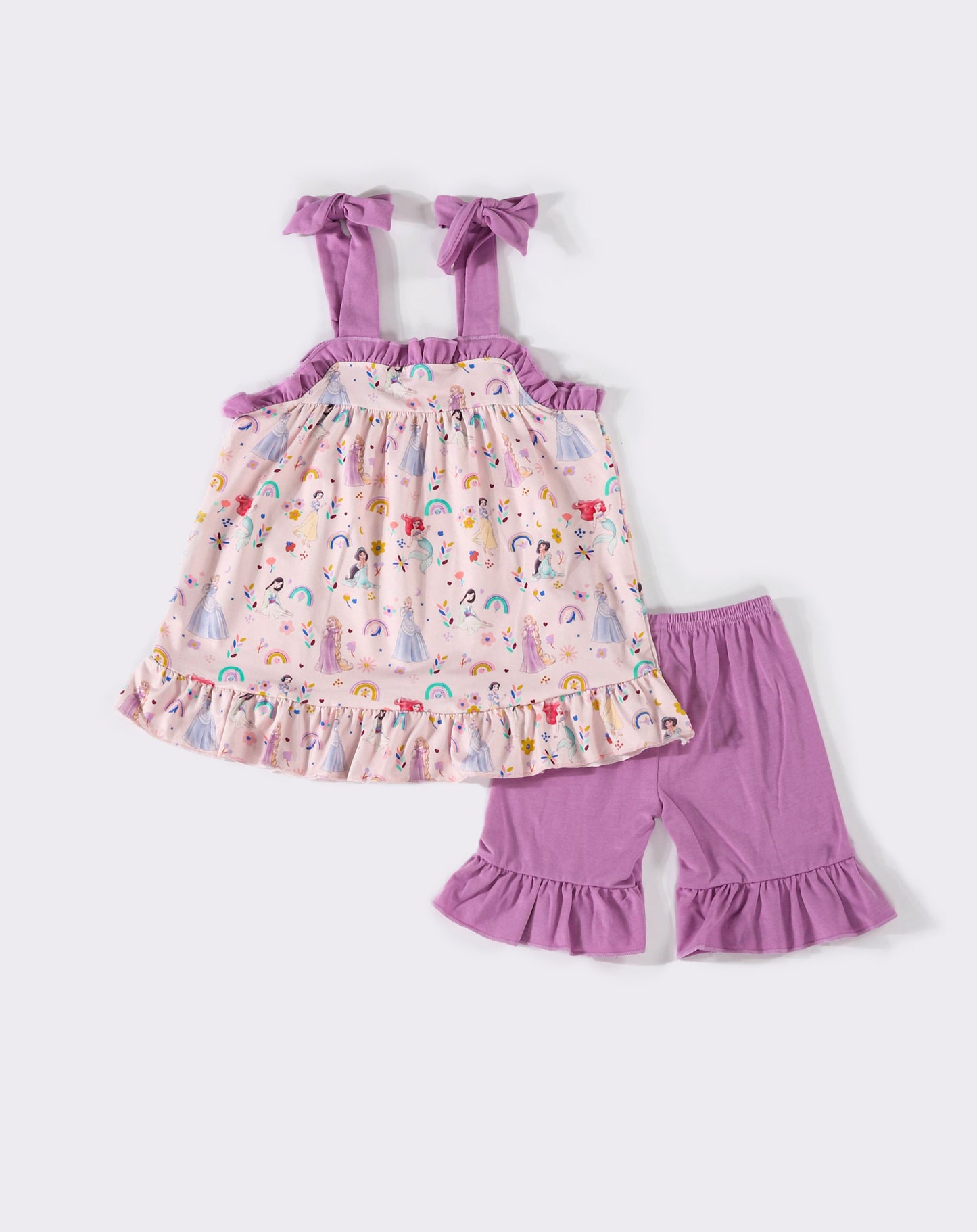 Purple character ruffle shorts set