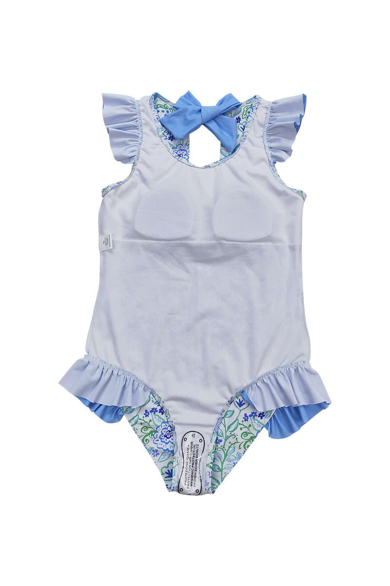 Blue floral print ruffle one-piece girl swimsuit