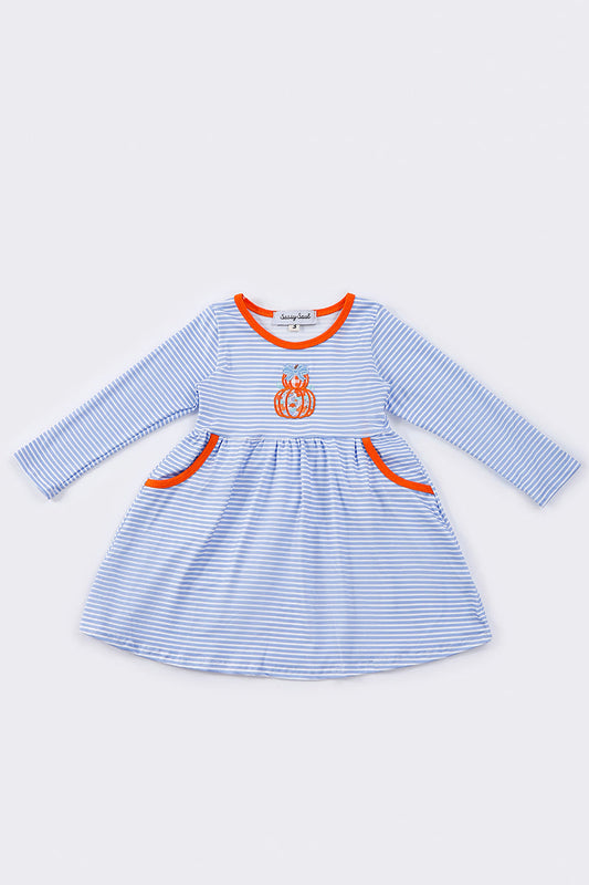 Blue stripe pumpkin applique girl dress