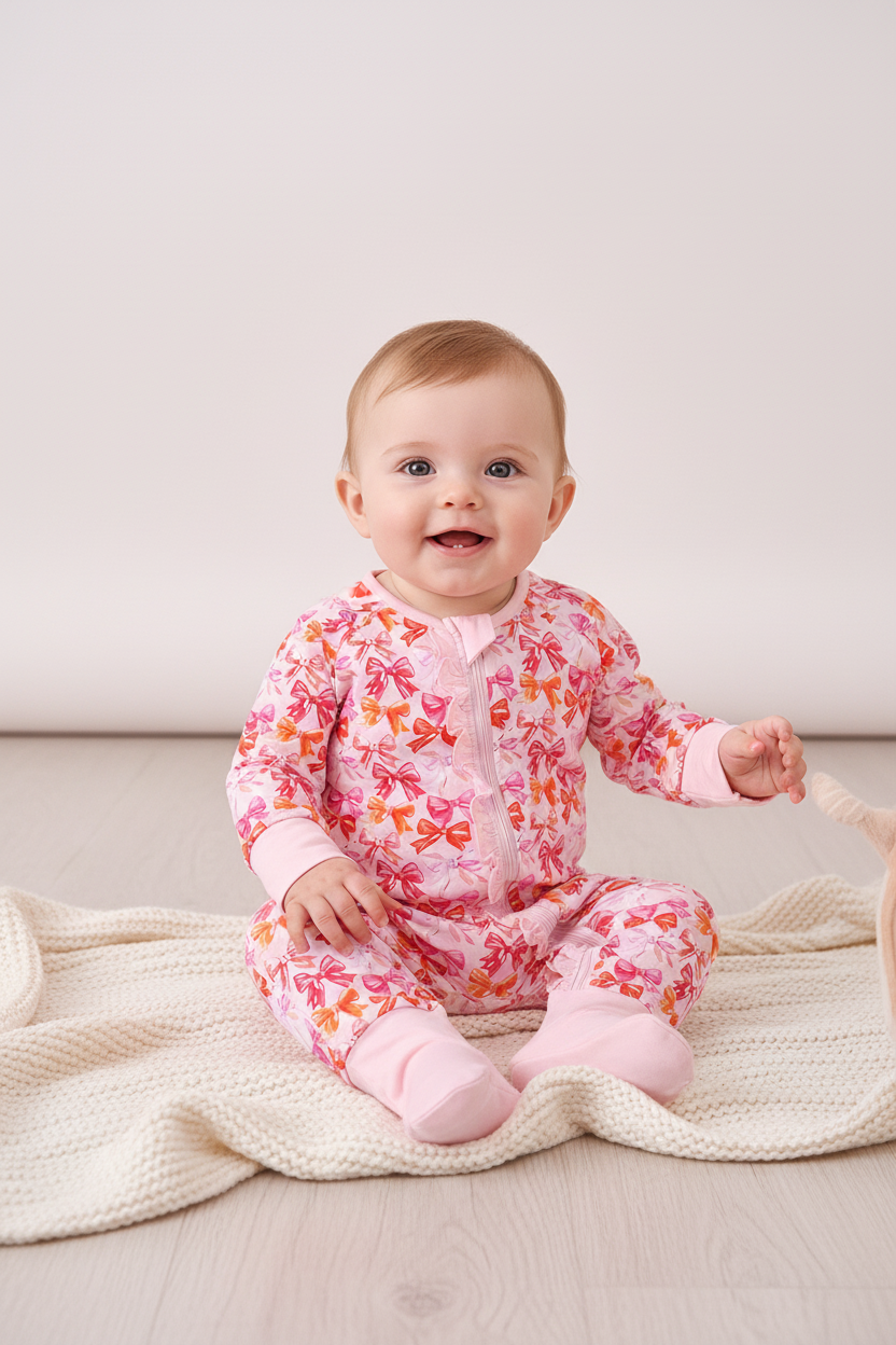Premium berry blossom bows ruffle bamboo romper