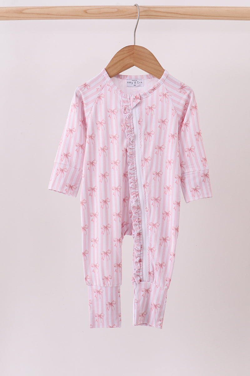 Premium blush bow stripe bamboo romper
