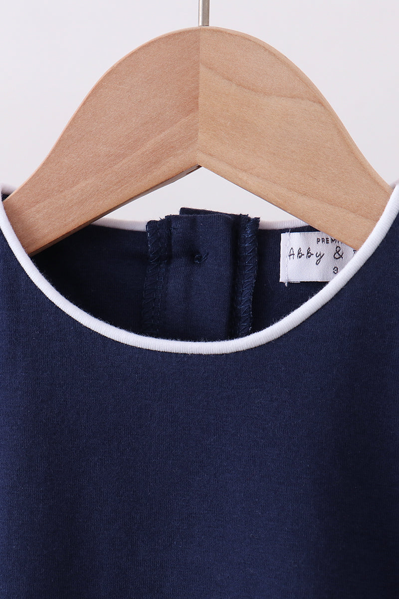 Navy flutter sleeve scalloped top