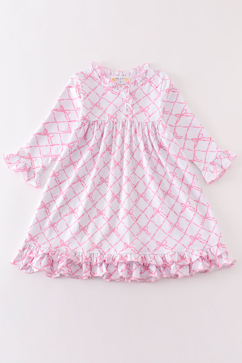 Premium Pink bow tie print ruffle pajamas dress