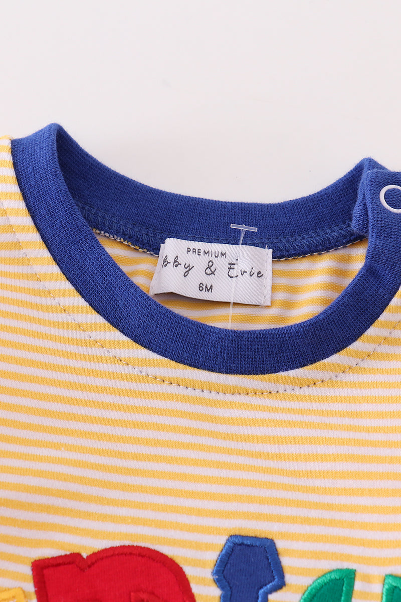 Premium yellow stripe tools applique boy romper