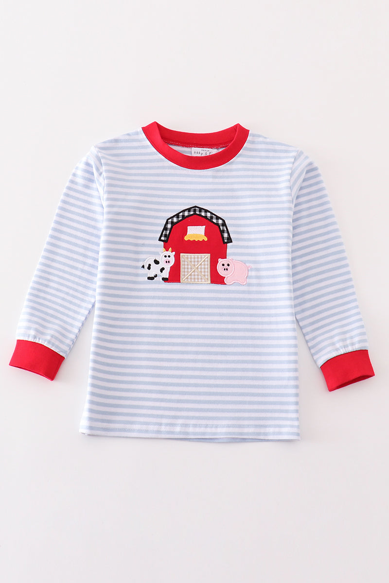 Premium red stripe farm applique boy top