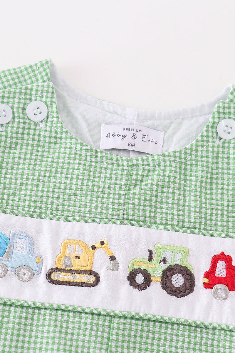 Premium Green excavator embroidery boy gingham jonjon