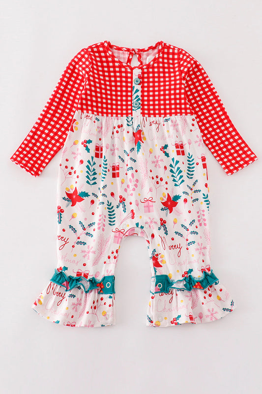 Platinum Red christmas plaid ruffle girl romper