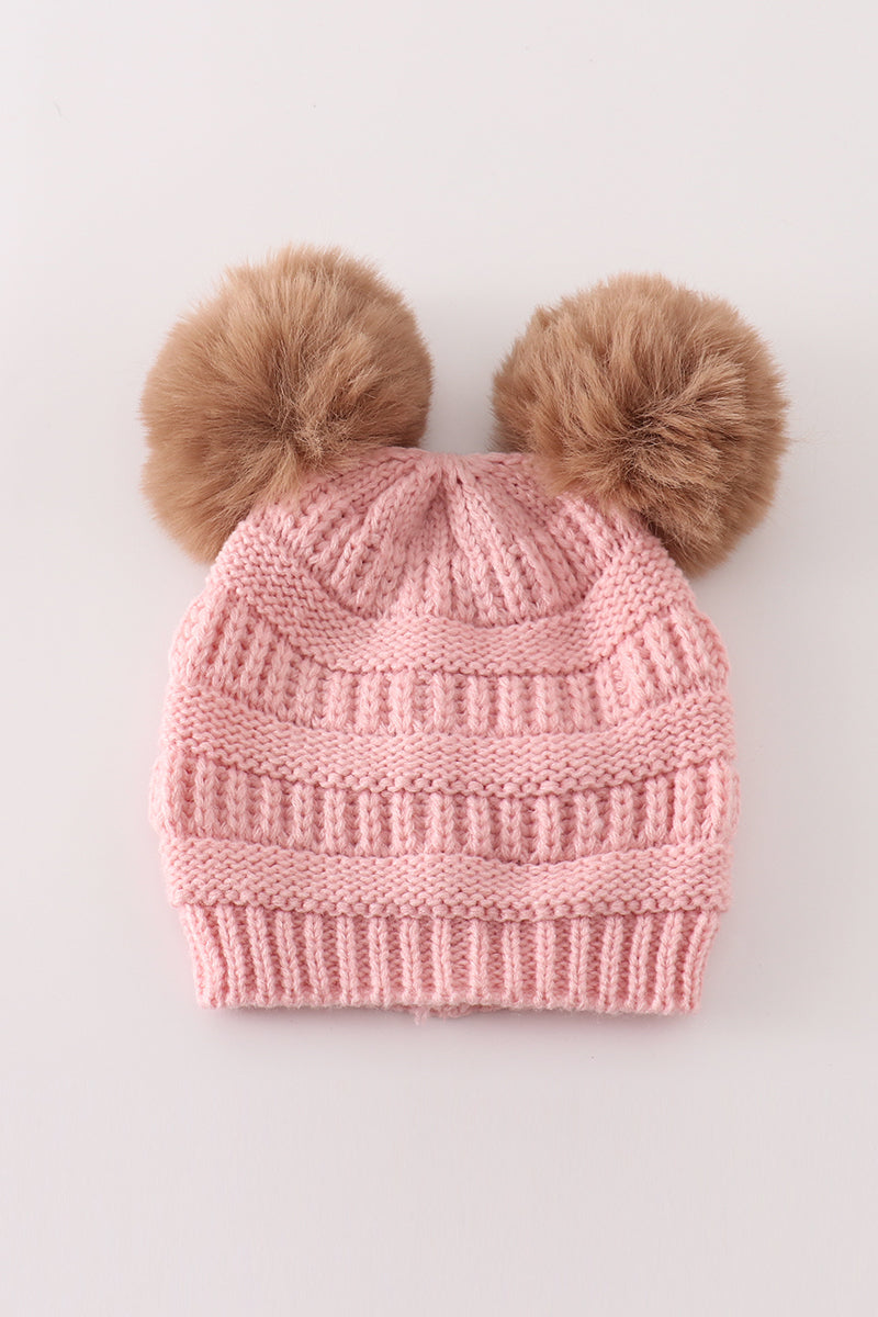 Pink double pompom cable beanie