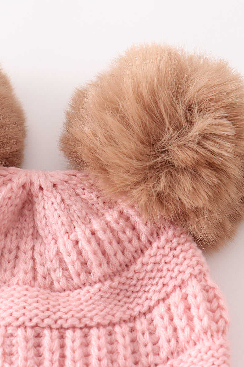 Pink double pompom cable beanie