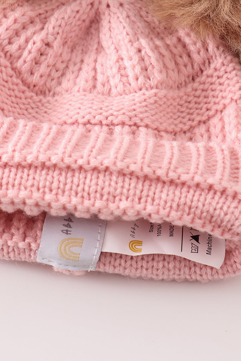 Pink double pompom cable beanie