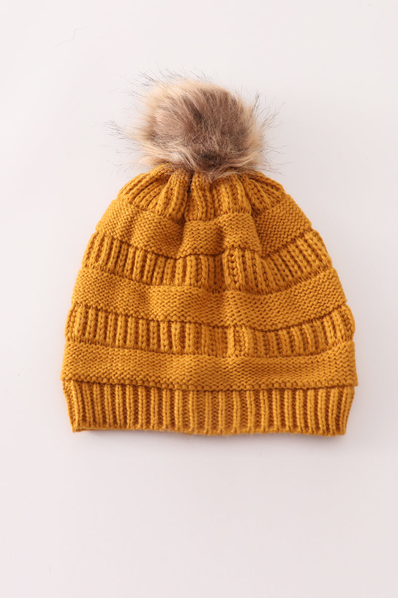 Mustard pompom cable beanie