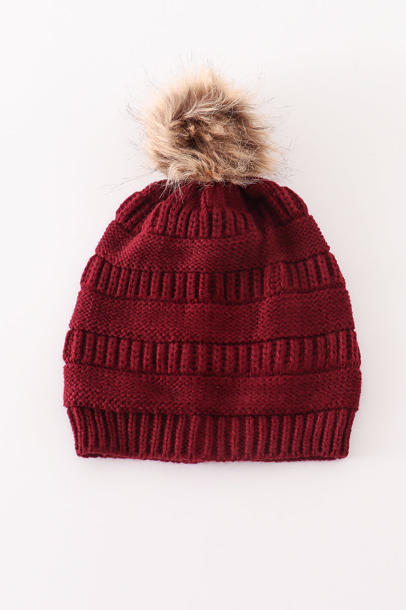 Burgundy pompom cable beanie