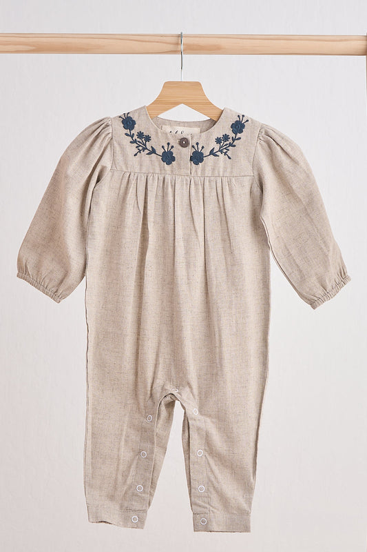 Grey floral embroidery linen girl romper