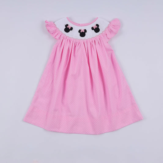 Pink character hand smocked dot ruffle dress