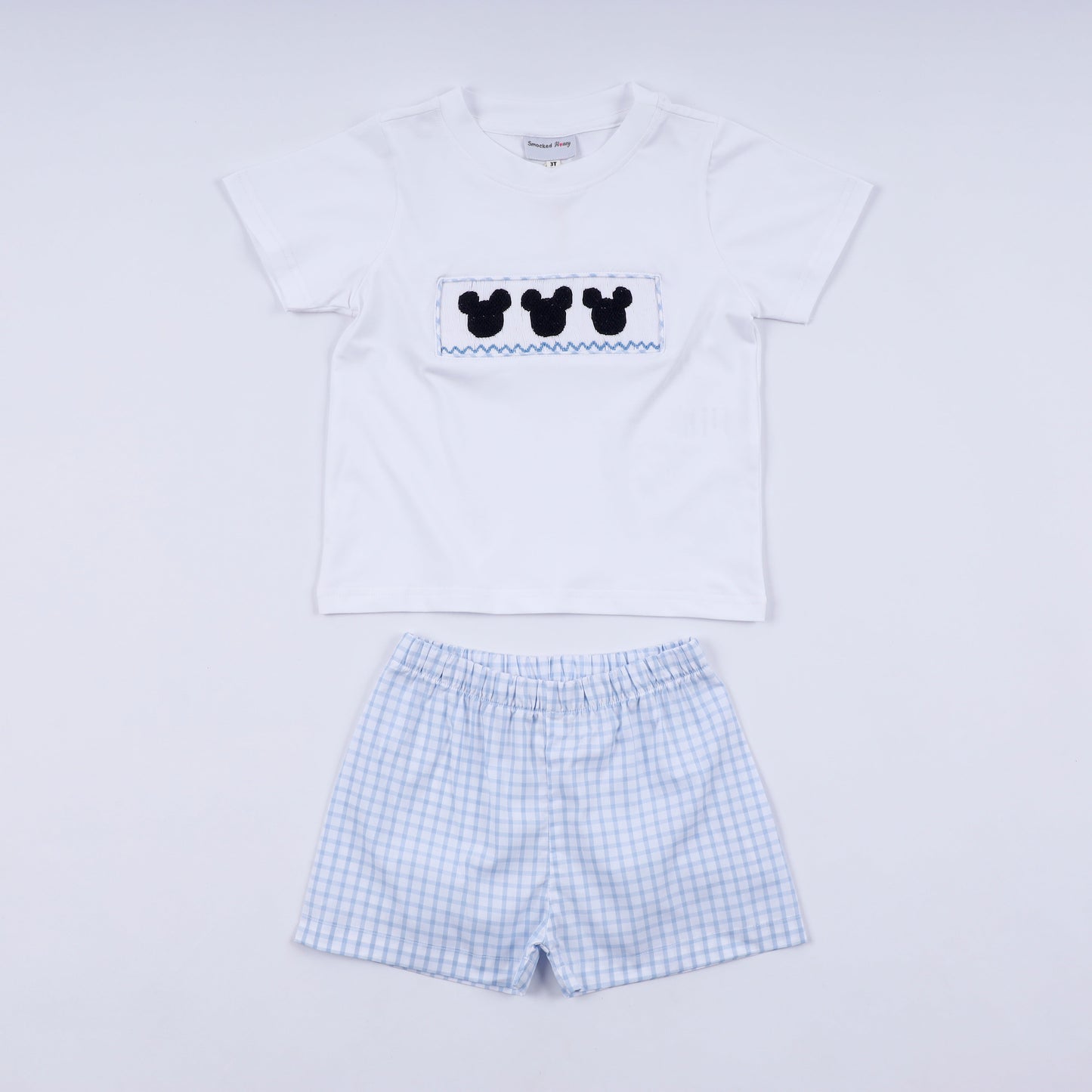 Blue character hand smocked gingham shorts set