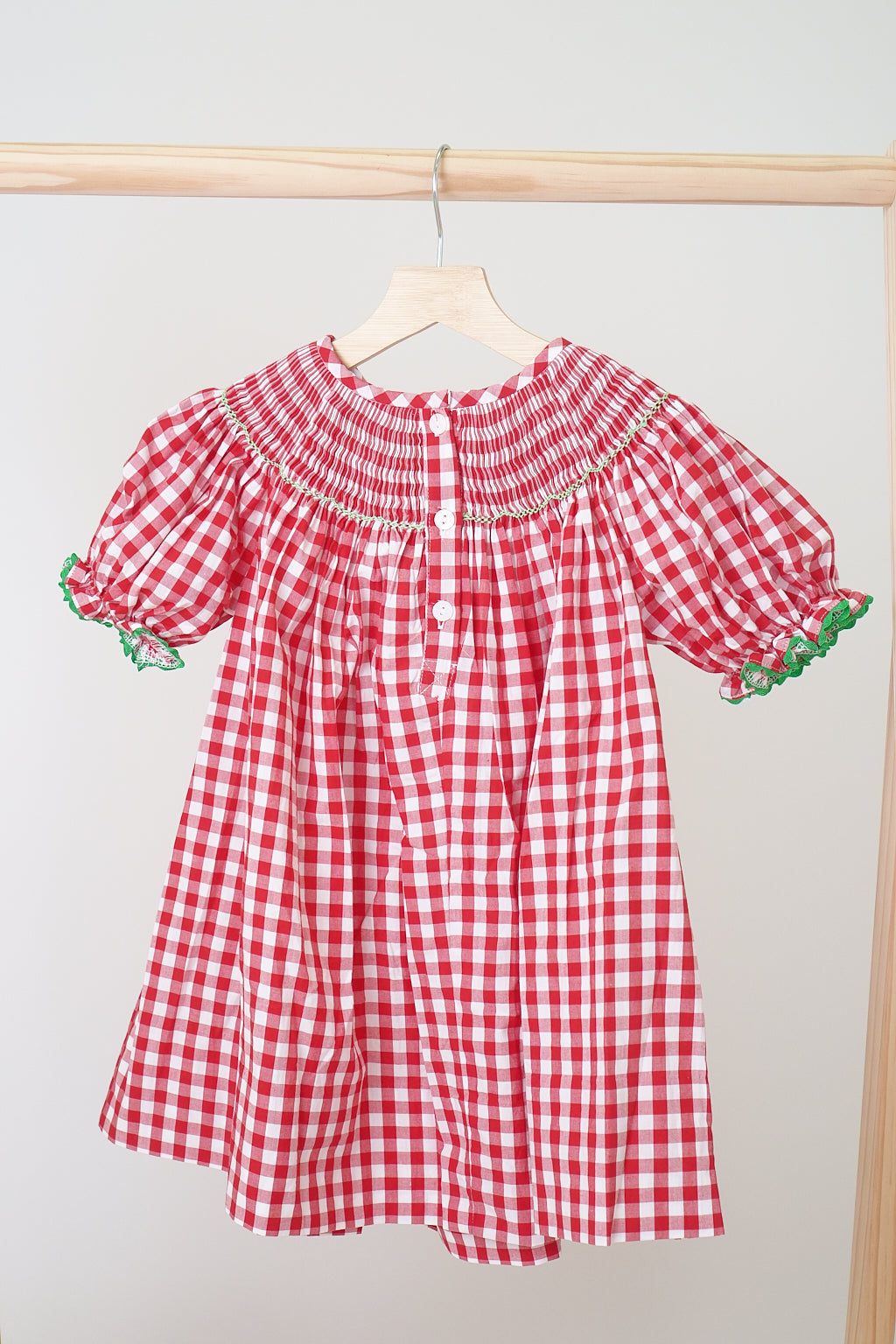 Red christmas santa tree reindeer hand smocked gingham dress