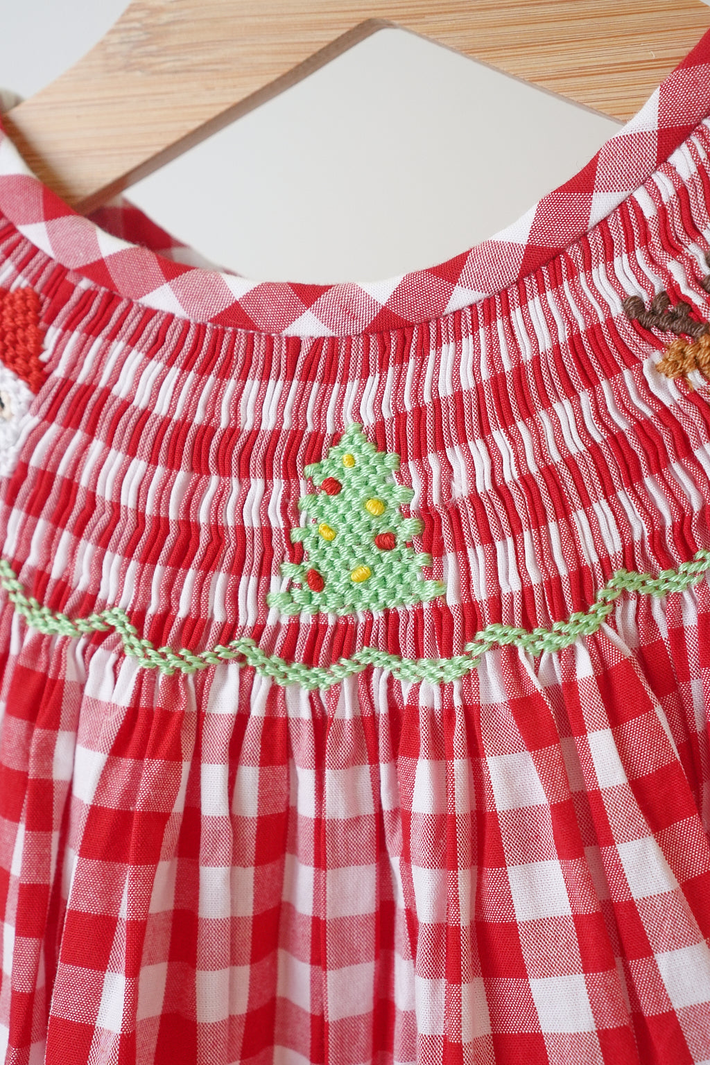 Red chrismtas santa tree reindeer hand smocked gingham romper