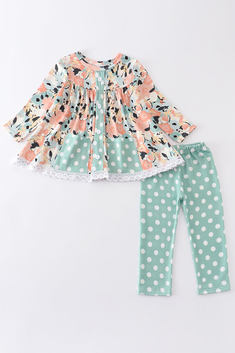 Green floral print dot girl set