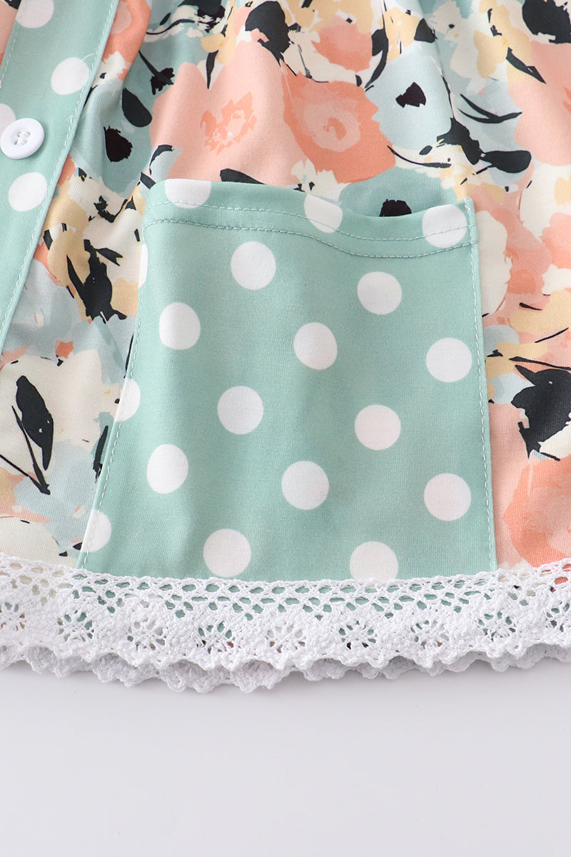 Green floral print dot girl set