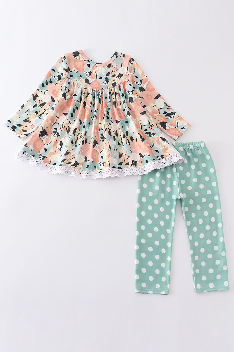 Green floral print dot girl set