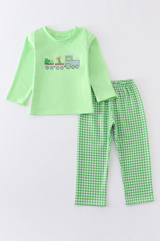 Green train clover embroidery boy set