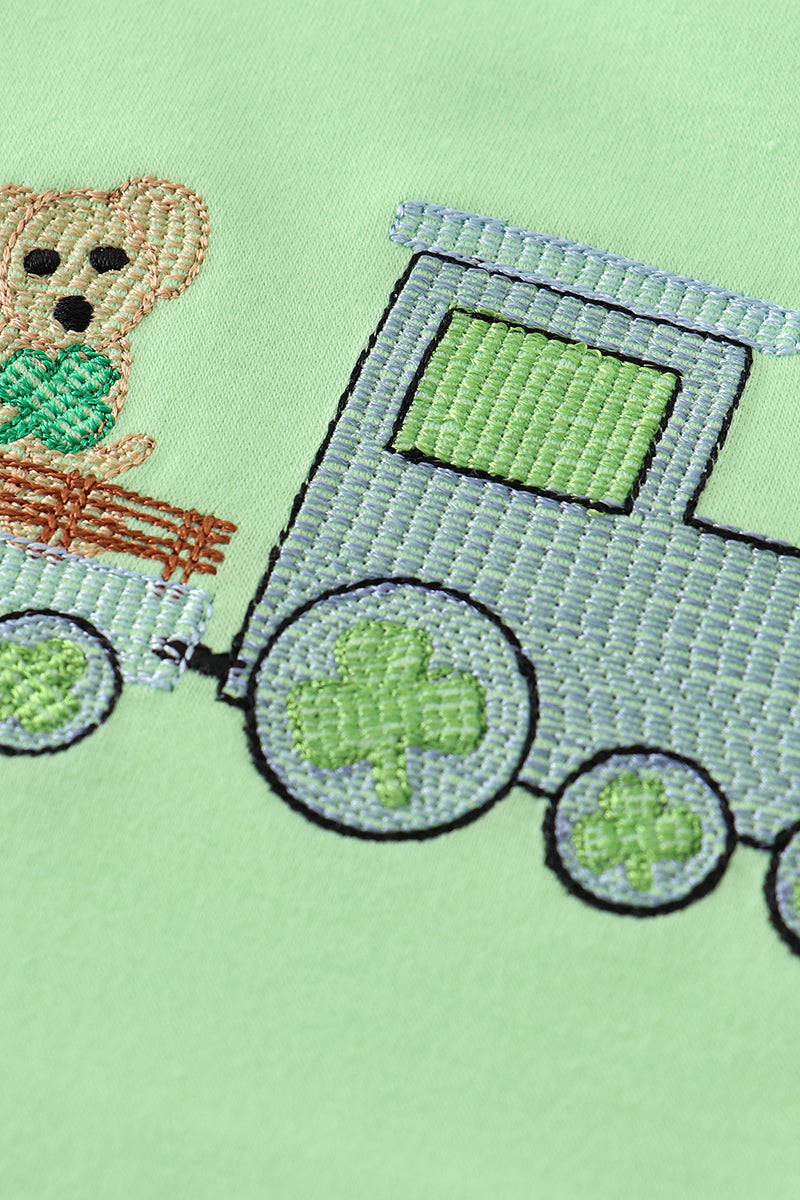 Green train clover embroidery boy set