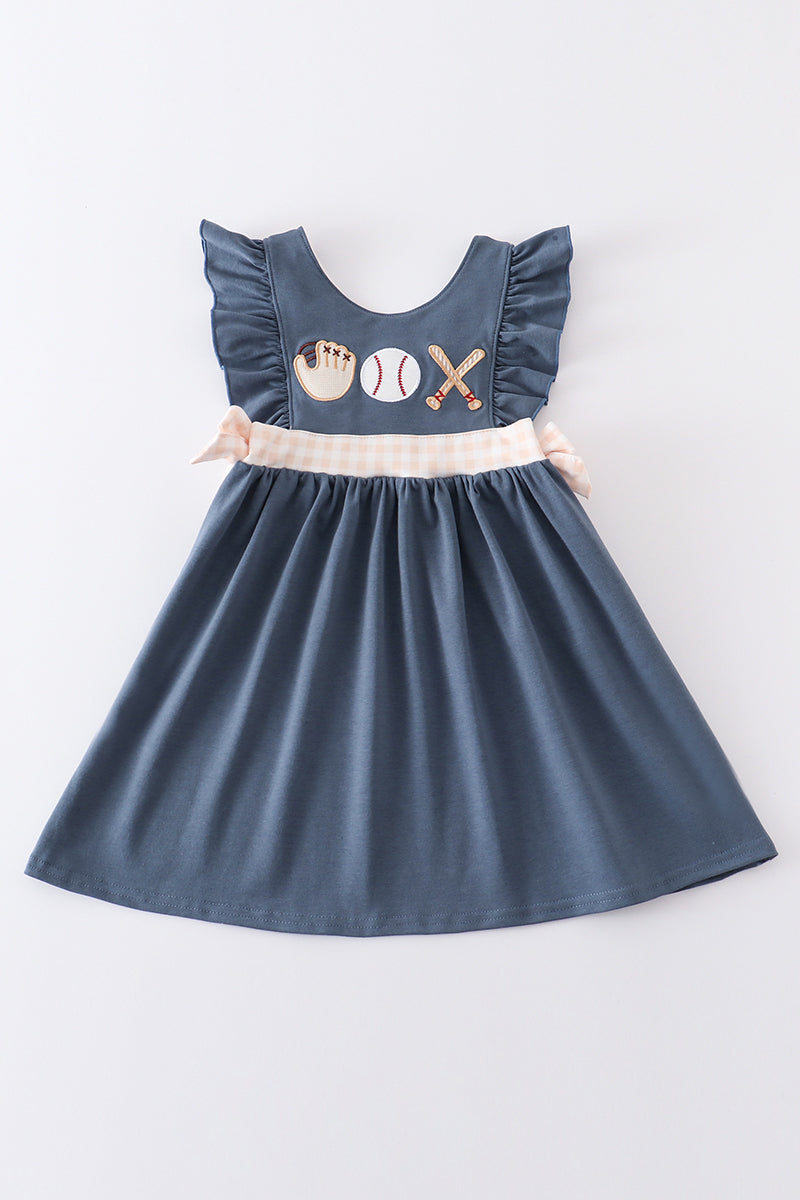 Navy baseball applique ruffle dress