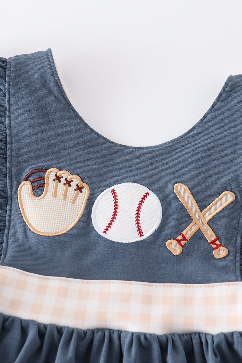 Navy baseball applique ruffle dress