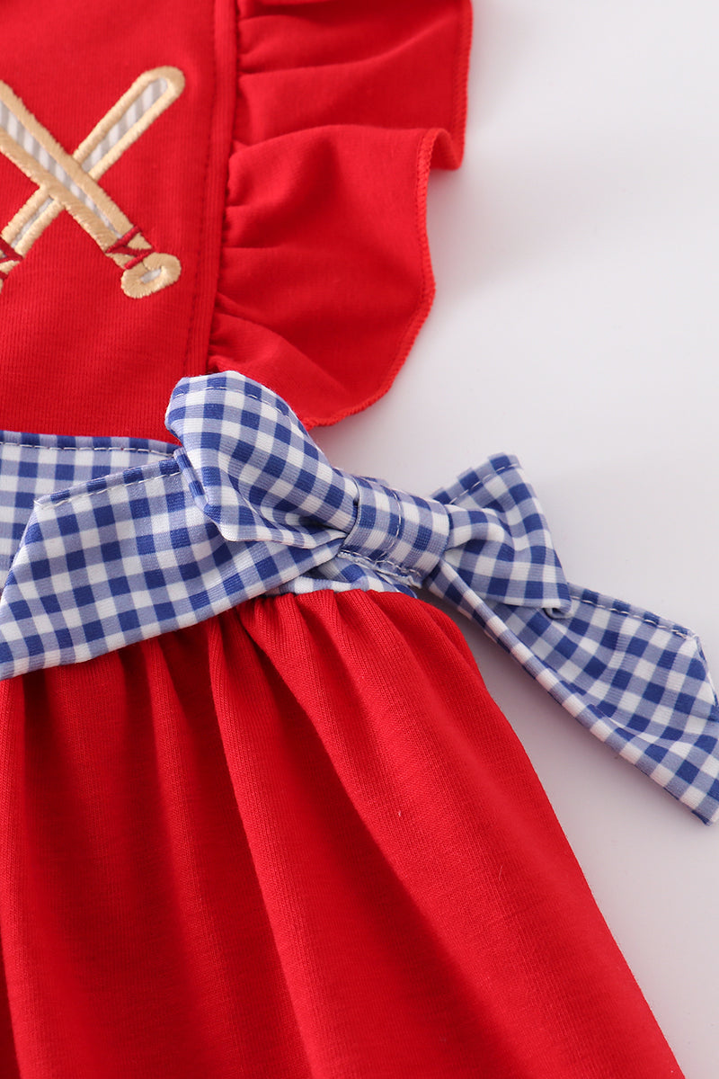 Red baseball applique ruffle dress