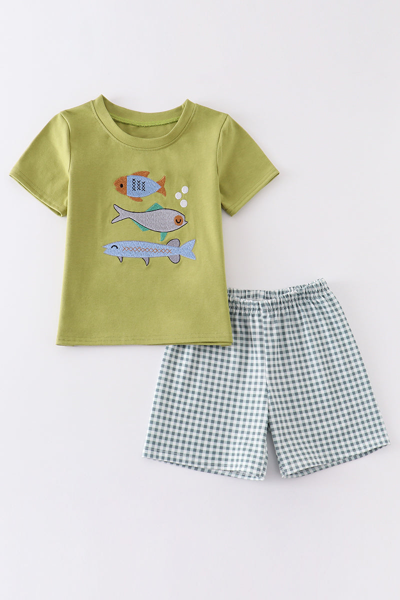 Mustard fish embroidery boy set