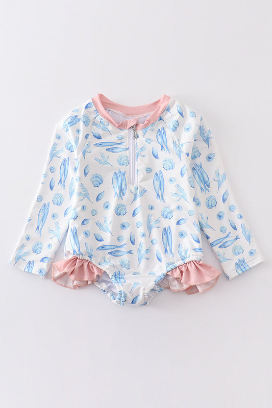 Marine creature print long sleeve girl swimsuit