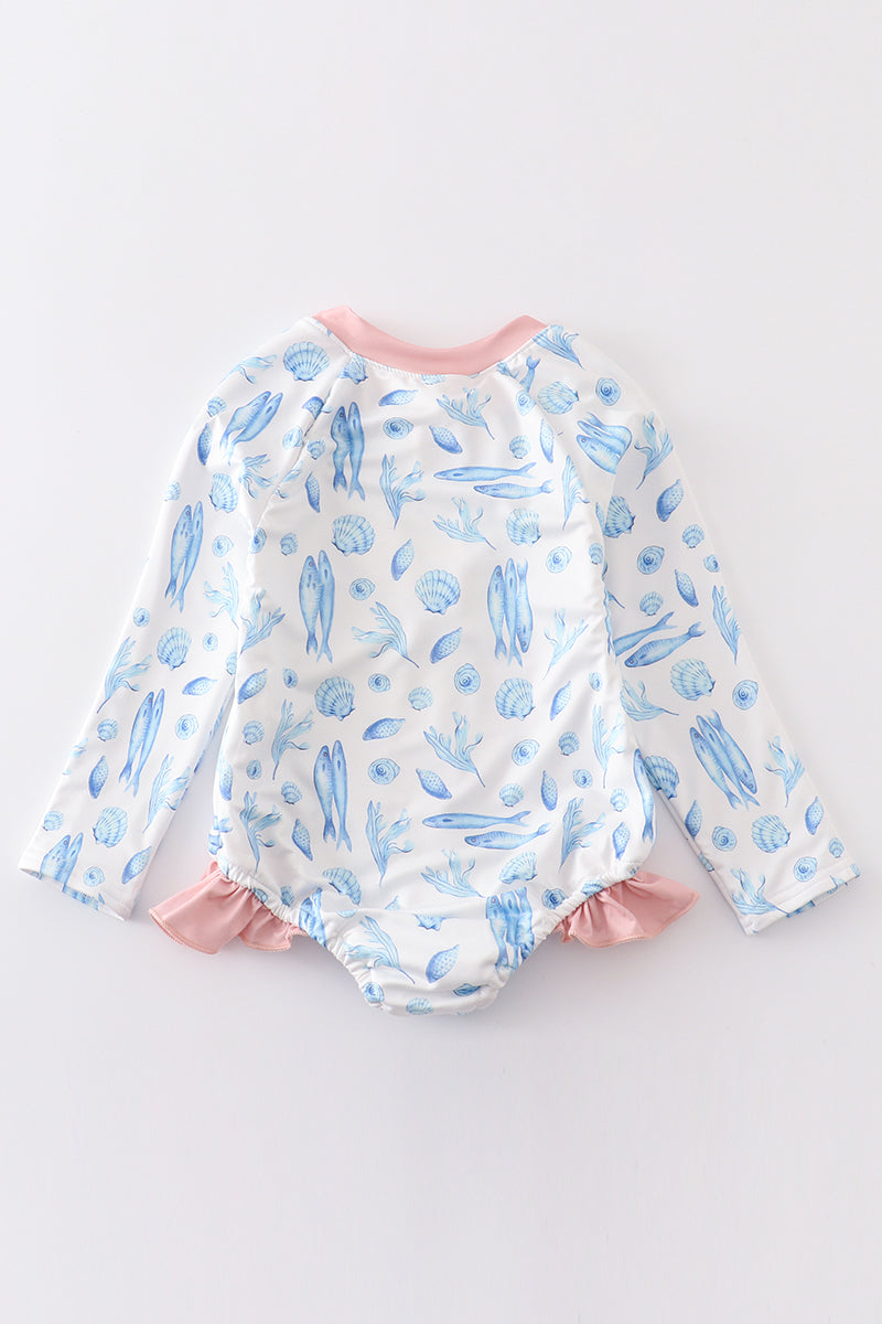 Marine creature print long sleeve girl swimsuit