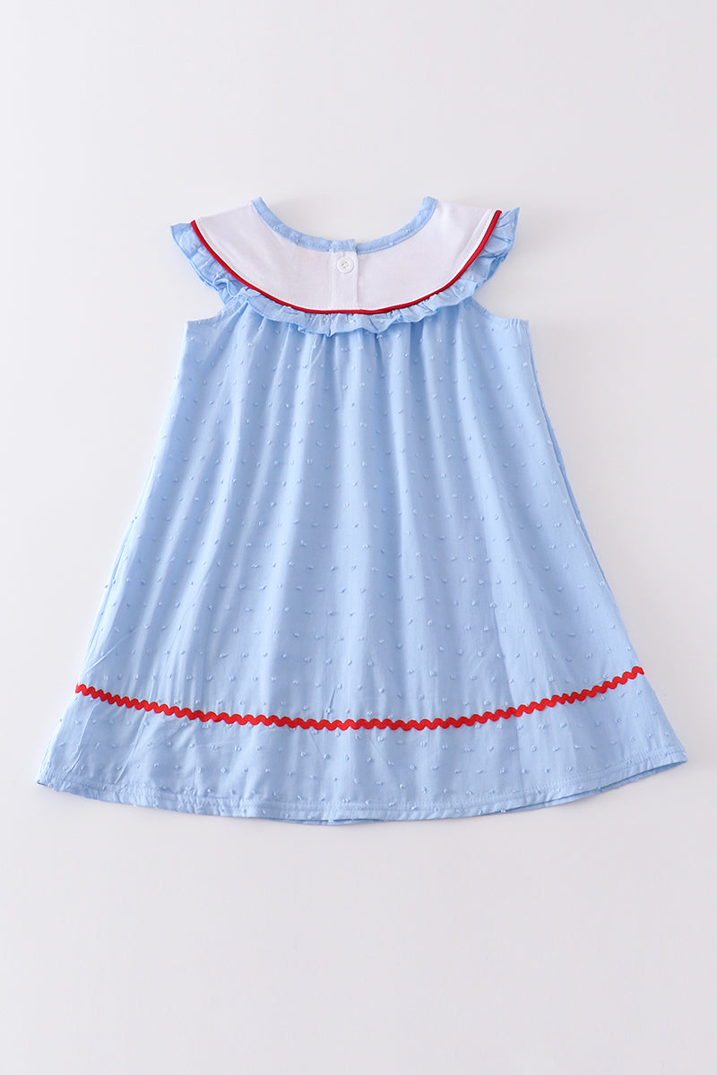 Blue Patriotic flag embroidery swiss dot dress