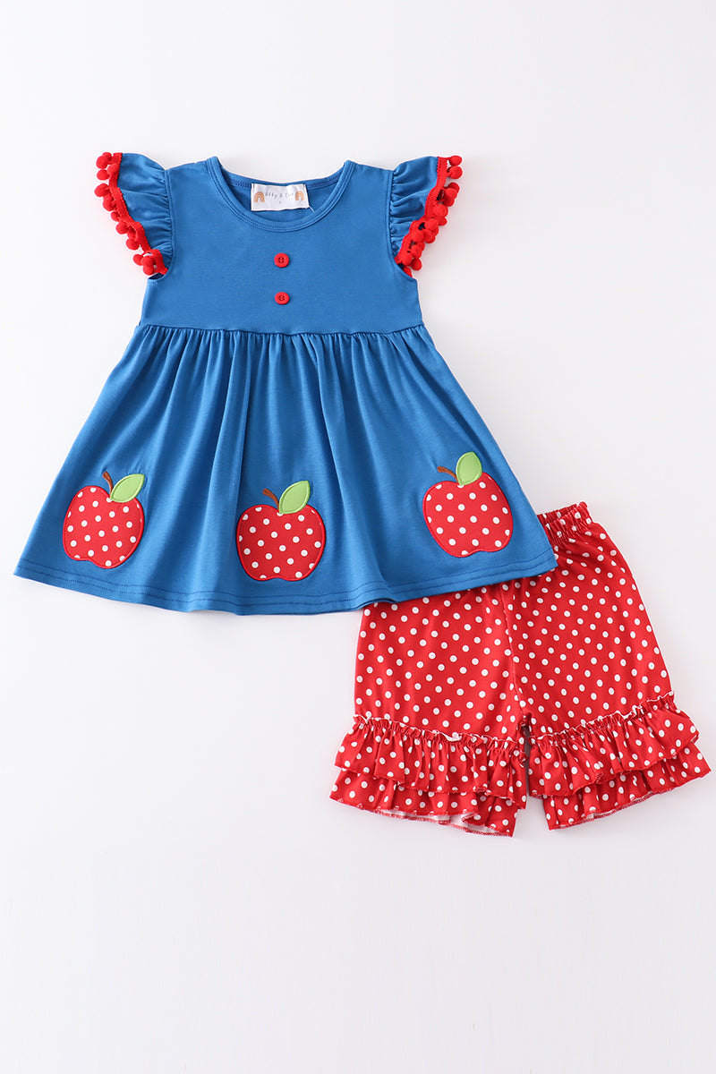 Blue apple applique back to school girl set