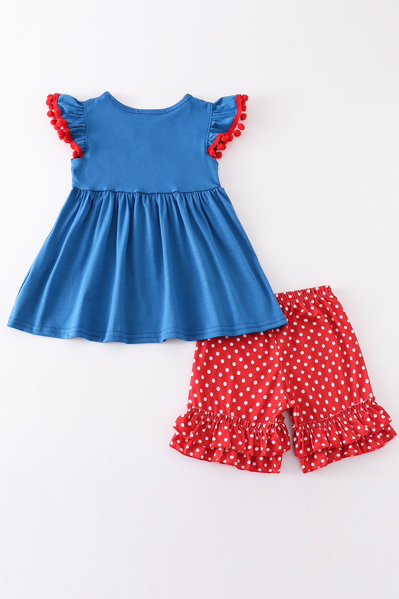 Blue apple applique back to school girl set