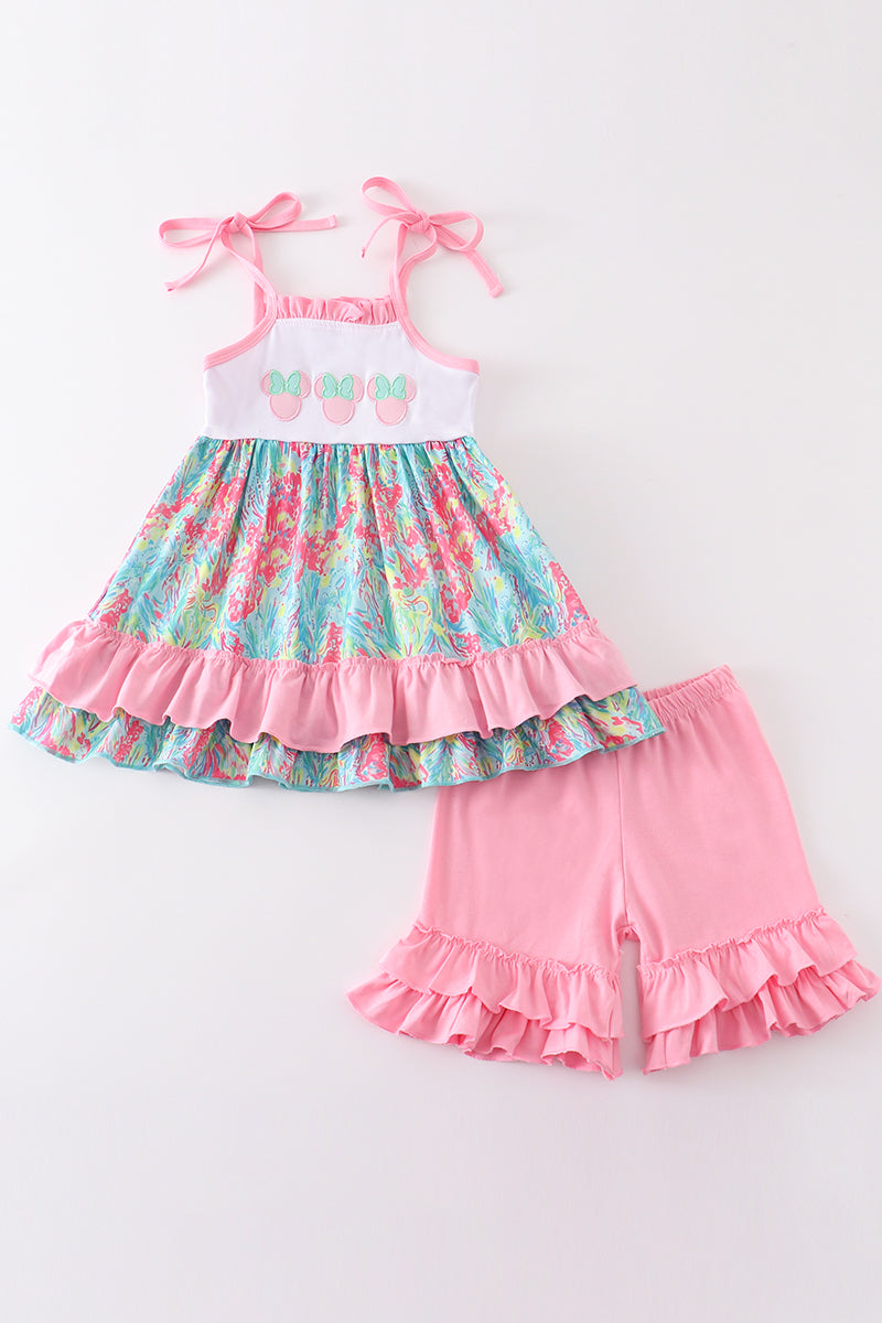 Pink floral print ruffle character applique girl set