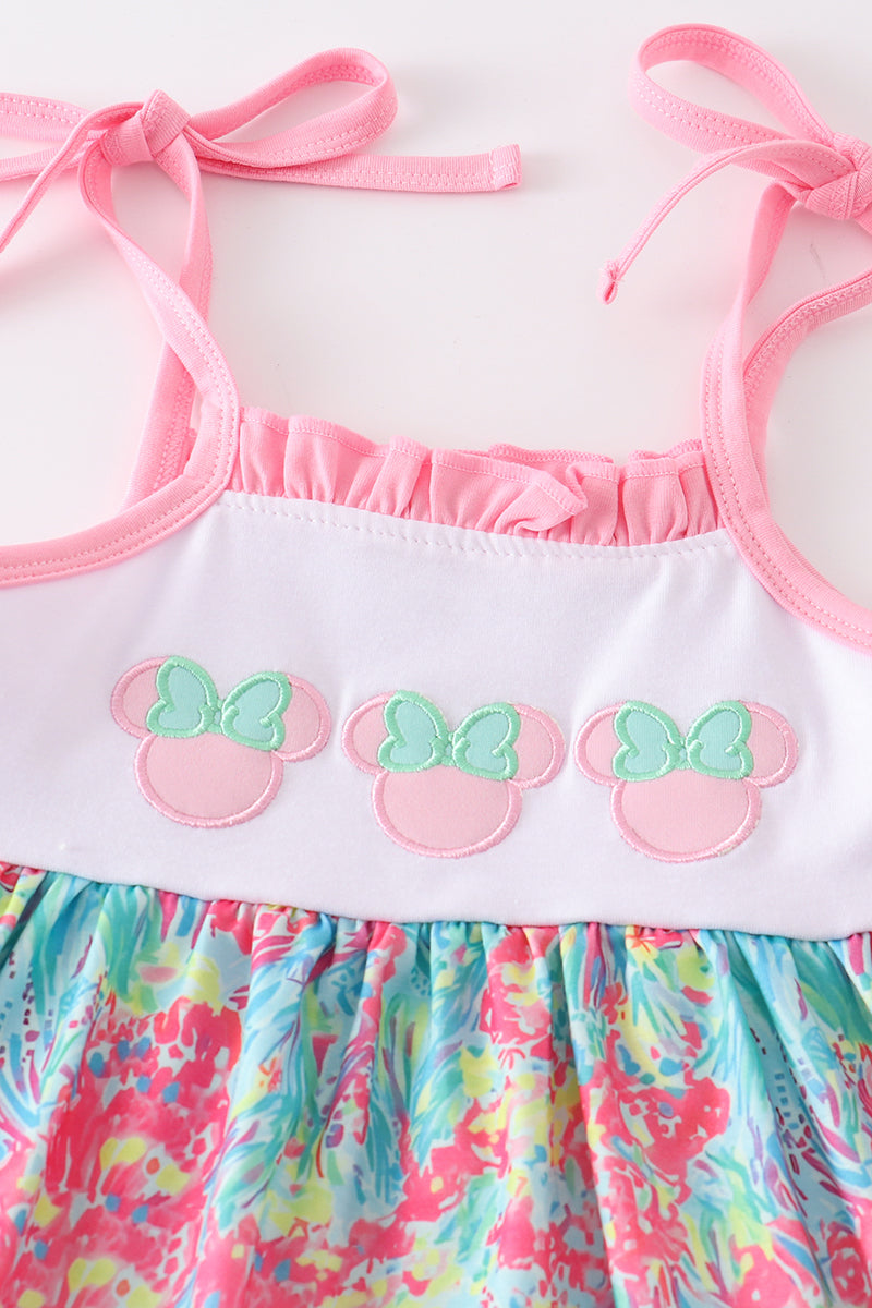 Pink floral print ruffle character applique girl set