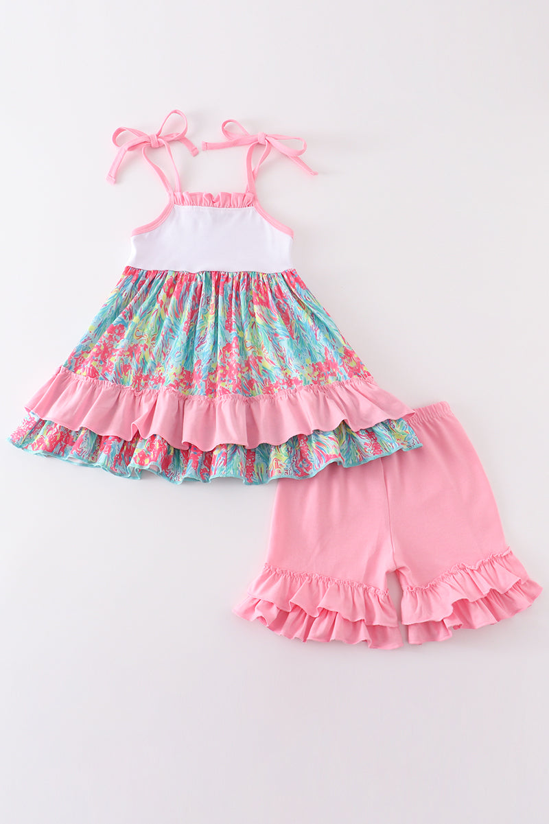 Pink floral print ruffle character applique girl set