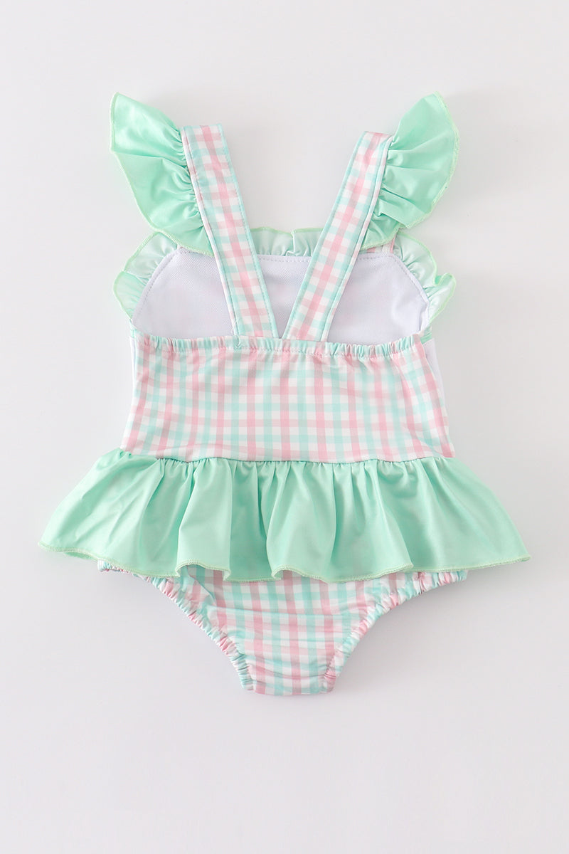 Green character applique plaid girl swimsuit